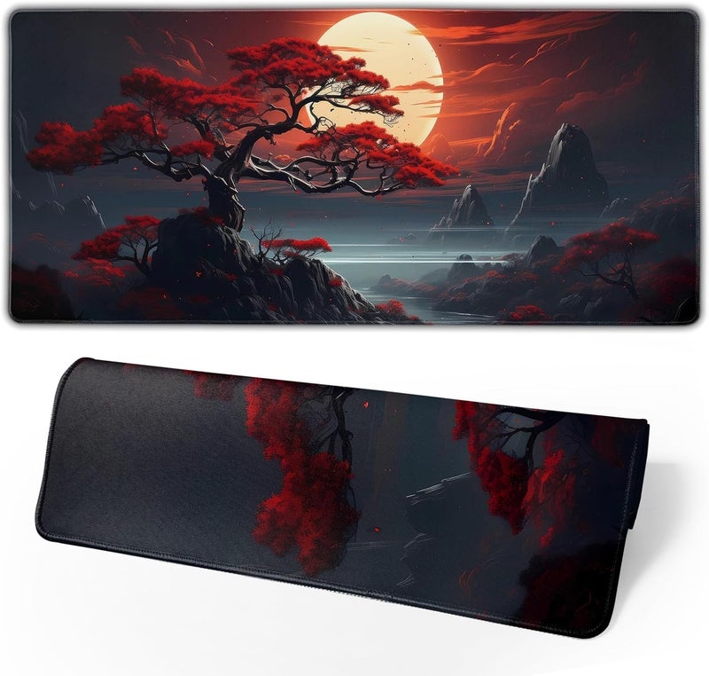 Brecoy Darkness Red Moon Desk Mat Japanese Mouse Pad, Large Japanese Desk Mat, XL Anime Gaming Keyboard Mat, Non-Slip Rubber Base, Big Extended Desk Protector for Home Office, 31.5”x11.8” - Image 1